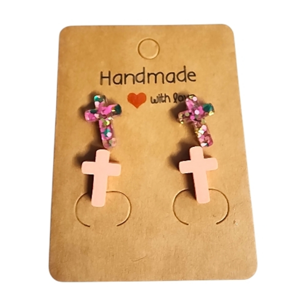 Floral Confetti Cross Acrylic Stud Earrings - 2 Pair
